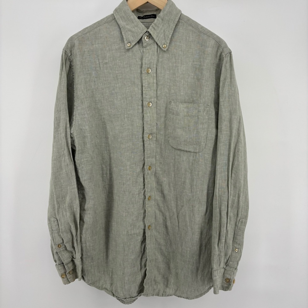 W.H. Belk Linen Core Button Down Shirt Mens Medium Sage Green Long Sleeve Summer - Picture 5 of 6